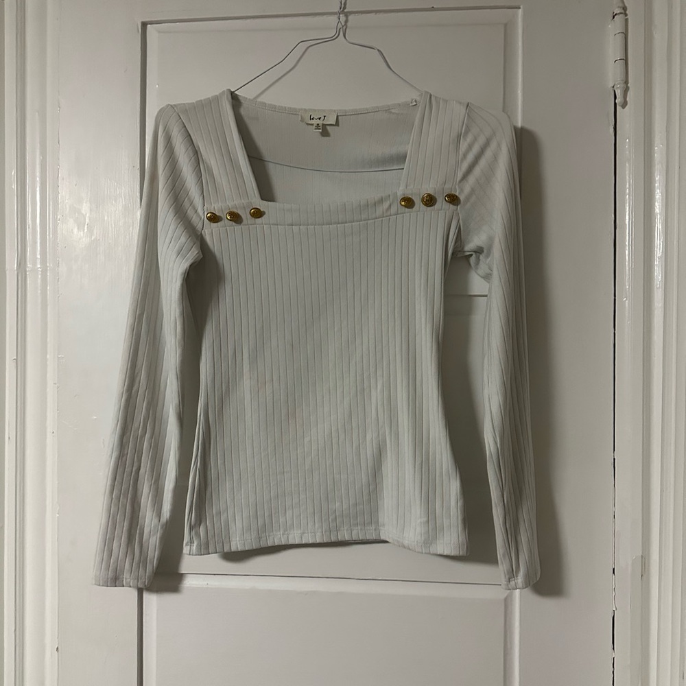 Chic White Long Sleeve Top with Gold Accents Medium